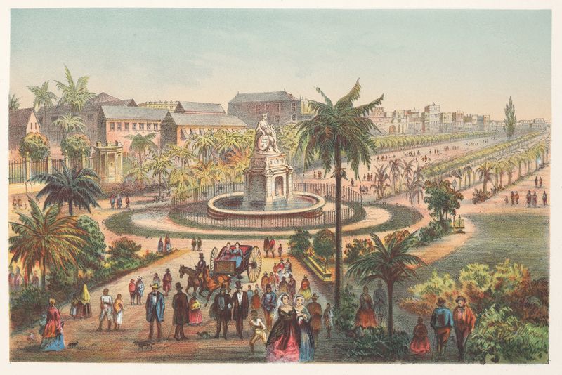 Fonte em uma paisagem com água caindo, de Pierre Toussaint Frédéric Mialhe, meio desconhecido.