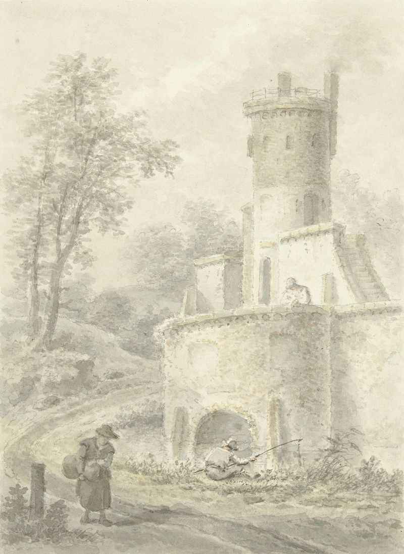 Landscape with an angler and a woman by a fortress tower, oil painting by Pieter Bartholomeusz. Barbiers