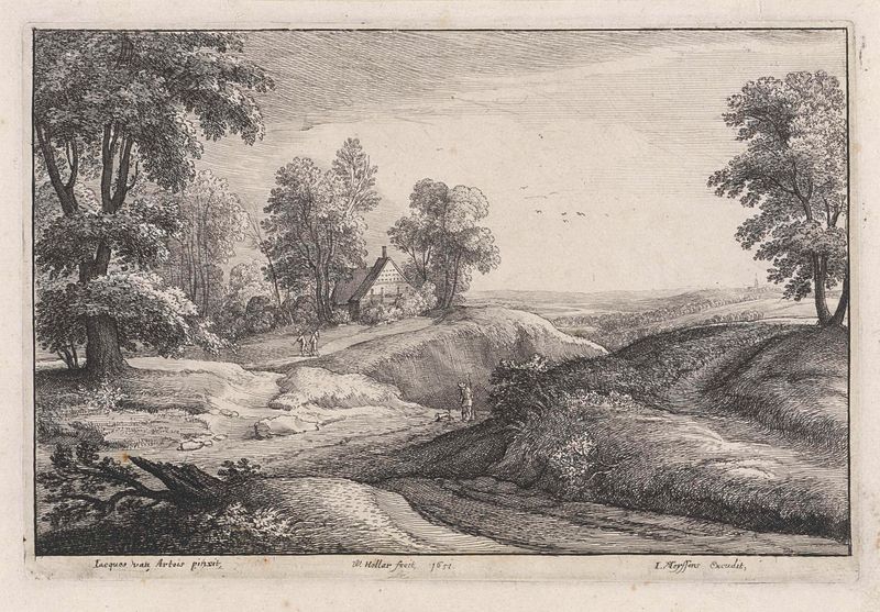 Landschap met een huis op een heuvel, grabado de Wenceslaus Hollar mostrando una casa entre colinas.