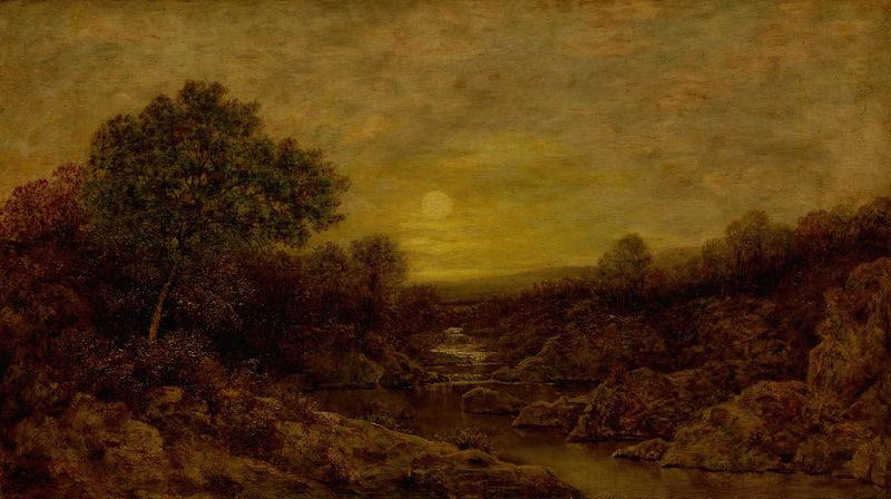 Golden Glow by Ralph Albert Blakelock, oil painting of a forest landscape with golden light.