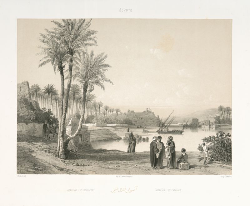 Assouân (1st Cataract) oil painting by Prosper Barbot depicting the Nile and rocky landscape