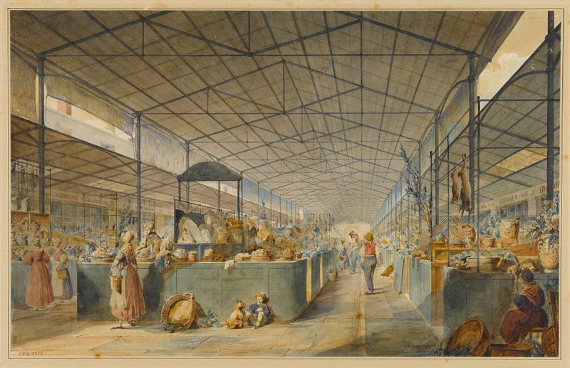 Interior scene of a market with stalls, oil painting by Max Berthelin