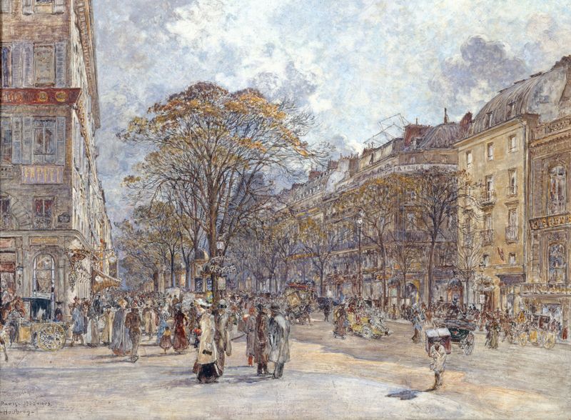 Cena de gênero de parisienses no boulevard, óleo sobre tela de Frédéric Houbron