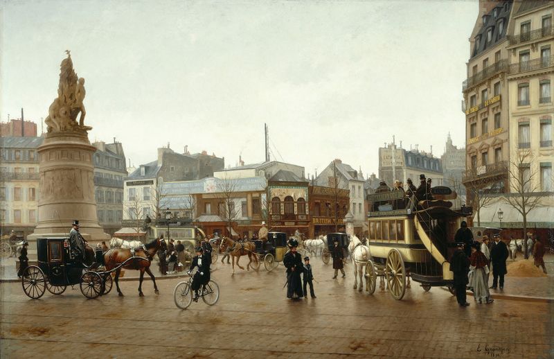 La place Clichy de Edmond Grandjean, óleo sobre tela retratando uma cena urbana movimentada.