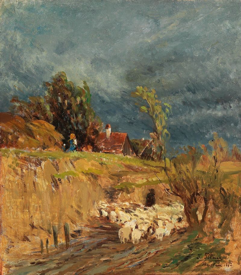 A brewing storm over Haslau, óleo sobre lienzo de Tina Blau, que representa nubes turbulentas y colinas distantes.