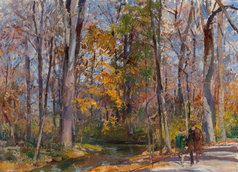 Bosque de outono pintura a óleo de Rudolf Schramm-Zittau retratando uma cena serena de floresta