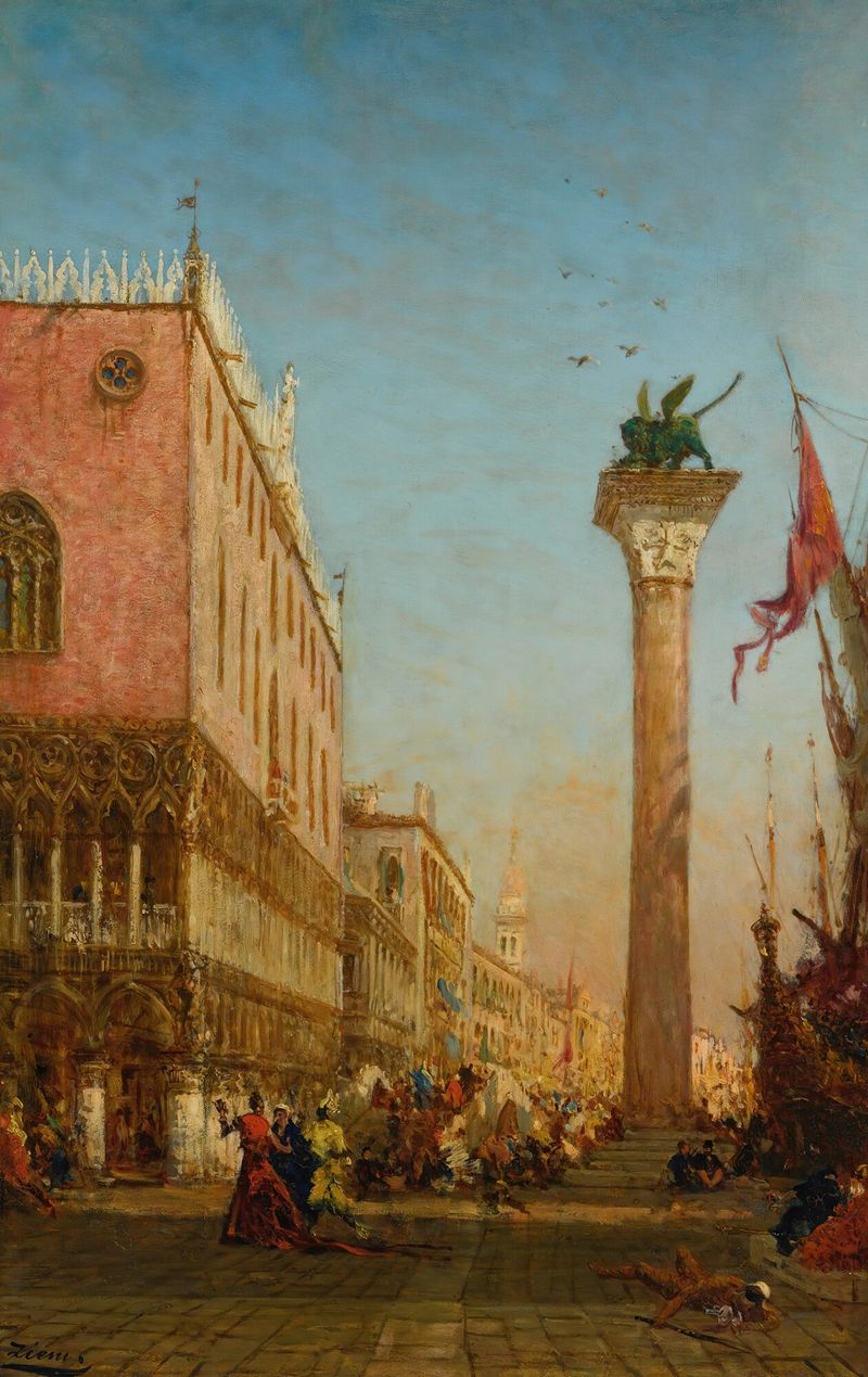 La Colonne Du Lion De Saint Marc Sur Le Môle de Félix Ziem, óleo sobre lienzo que representa un atardecer en Venecia