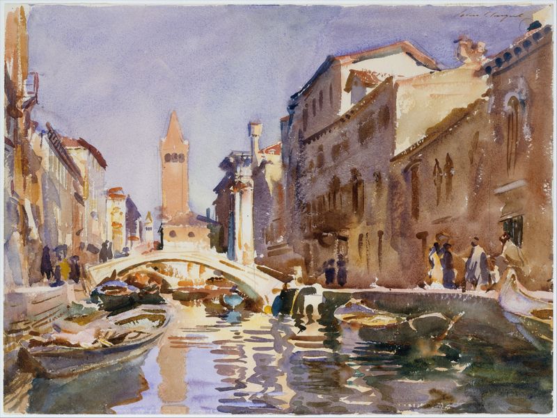 Canal Veneziano de John Singer Sargent, óleo sobre tela que retrata uma paisagem serena com água e arquitetura