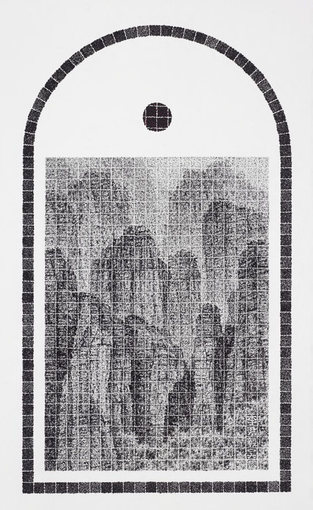 Landscape of mountains in ink on paper by Lee Chun-Yi