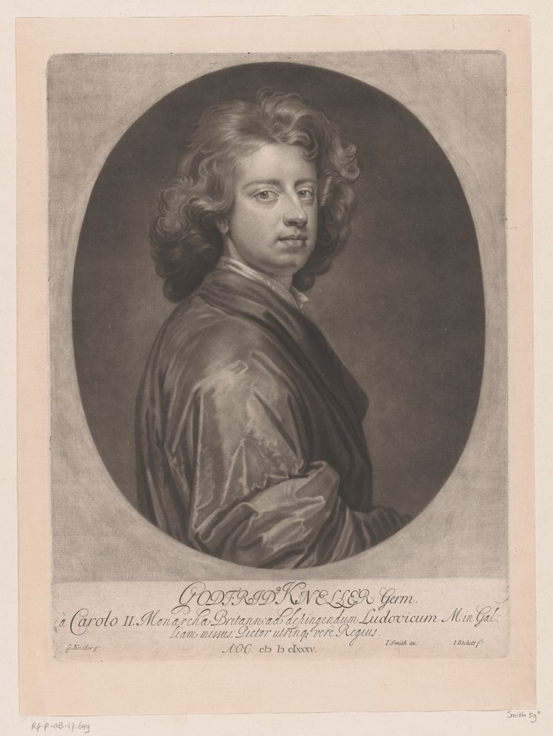 Portrait of Gottfried Kneller by Isaac Beckett, paper medium, featuring intense gaze and rich attire.
