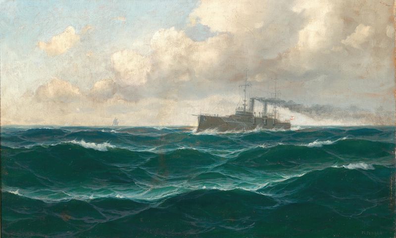 A seascape depicting stormy waves and a distant cruiser by Max Jensen, oil painting.