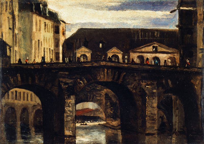 Le Petit Pont et le pont Saint-Charles by Louis-Godefroy Jadin, oil on canvas depicting a tranquil landscape.