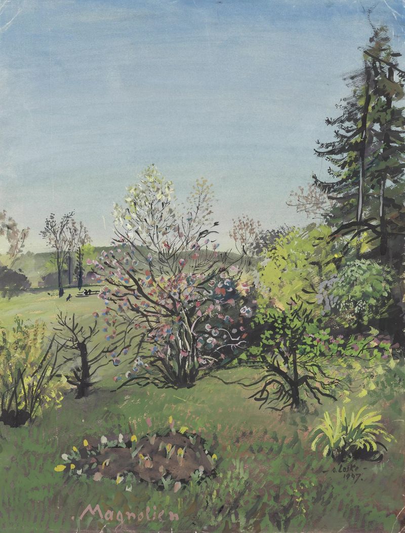 Pintura al óleo de Oskar Laske que representa flores de magnolia en suaves rosas y blancos.
