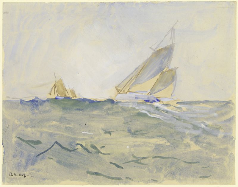 Choppy Sea oil painting by Ulrich Hübner depicting turbulent waves in blue and gray.