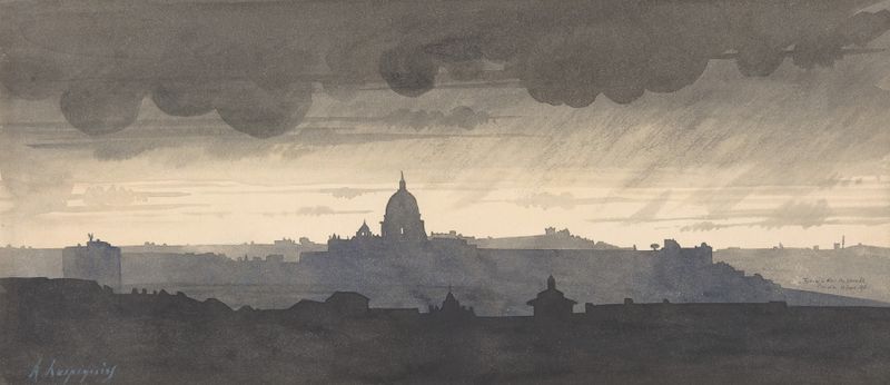 Saint Peter’s Seen From the Pincio, Rome by Henri-Joseph Harpignies, oil on canvas depicting a dome at twilight.