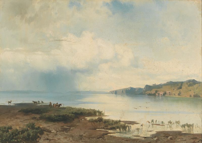 Horses on the coast, oil on canvas by August Schaeffer von Wienwald