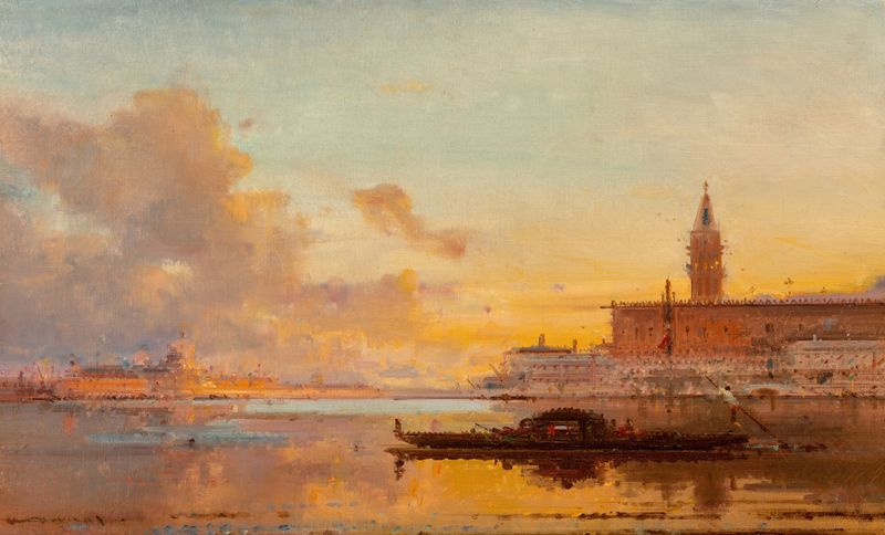 A view of the Doge’s Palace at sunset, oil on canvas by Henri Duvieux