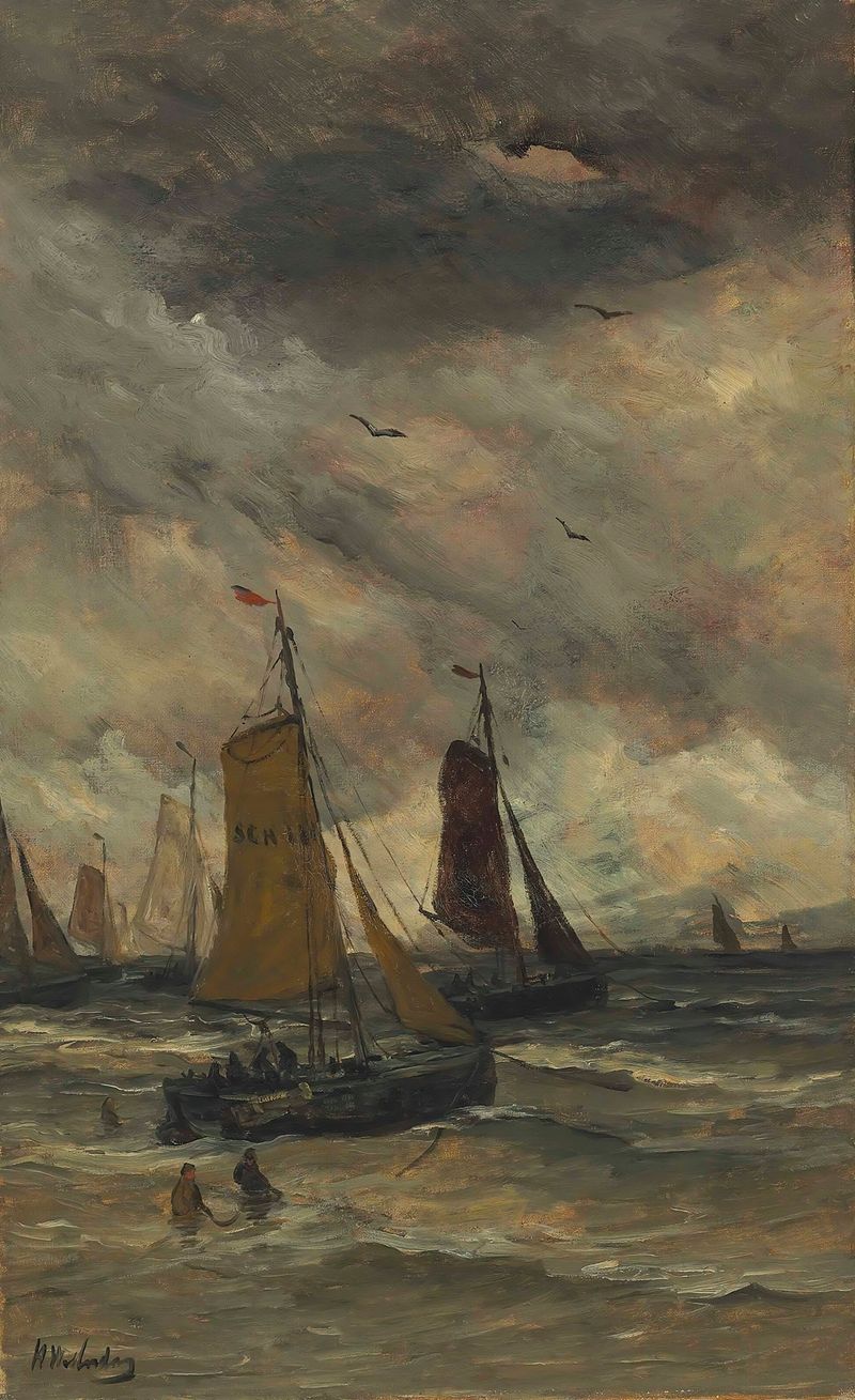 Bomschuiten At Sea by Hendrik Willem Mesdag, oil on canvas depicting fishing boats in stormy waves.