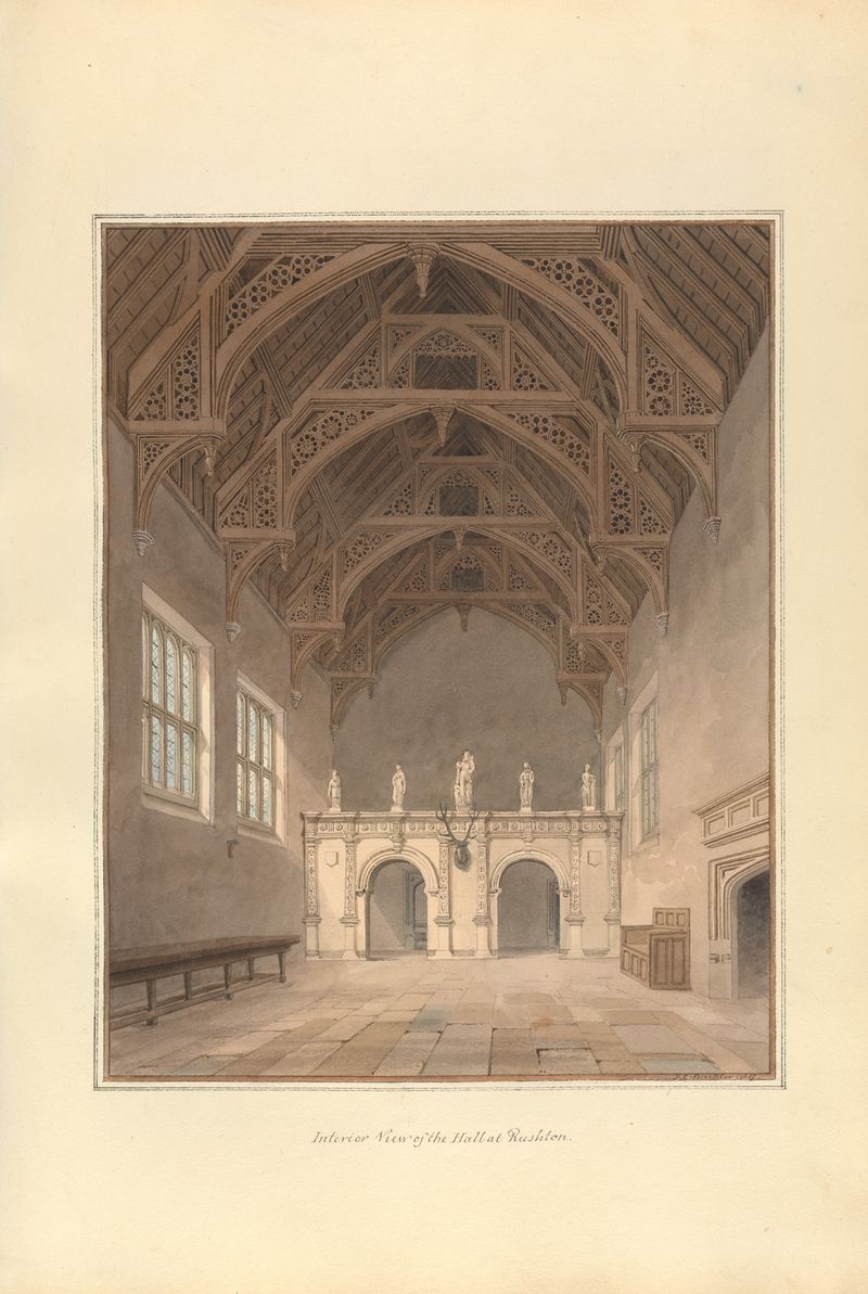Vista interior de um salão com grandes arcos, aquarela de John Buckler