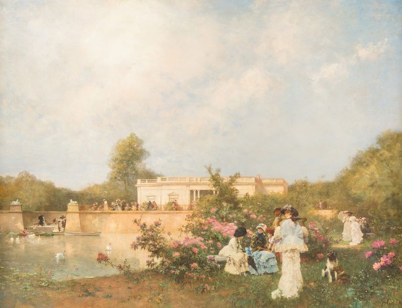 Cena de gênero com figuras em um jardim, luz do sol e sombras, por Ferdinand Heilbuth, pintura a óleo