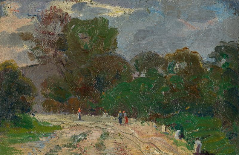 Forest Road by Ľudovít Pitthordt, oil painting depicting a winding forest path.