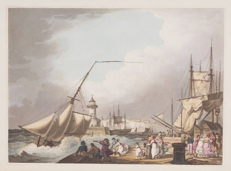 Ramsgate de Philip James de Loutherbourg, óleo sobre tela retratando um mar tranquilo com barcos.