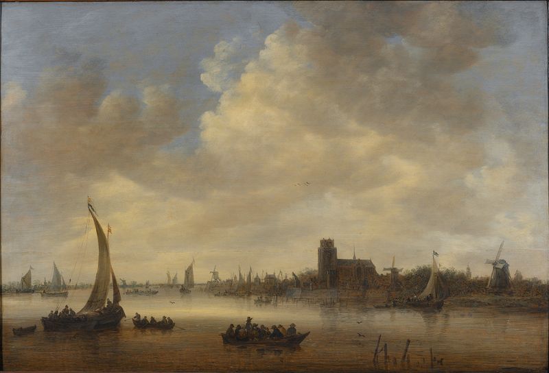 Vista desde Dordrecht de Jan van Goyen, óleo sobre lienzo que representa un paisaje fluvial con reflejos.