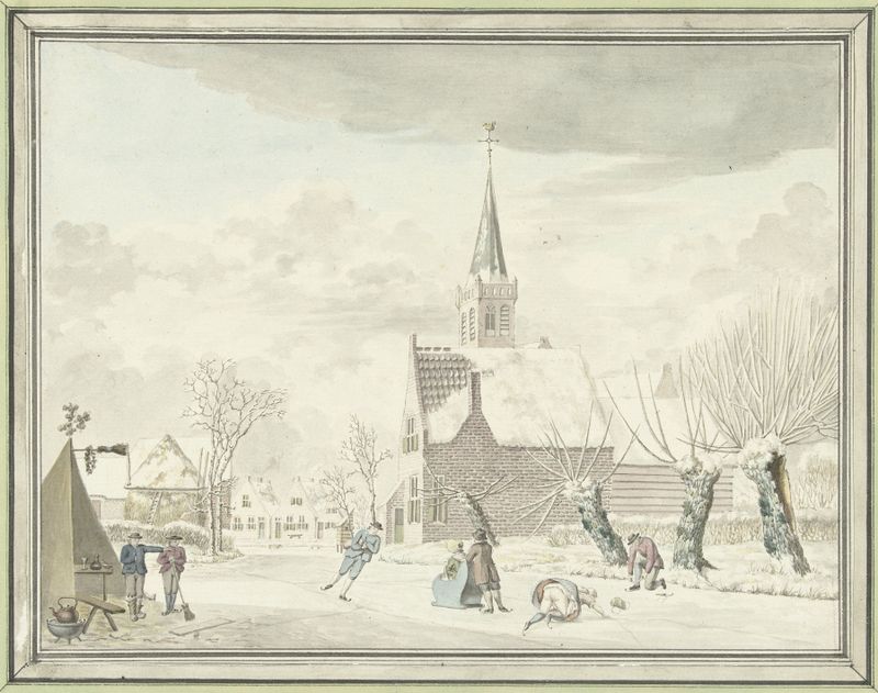 Escena invernal de un pueblo con patinaje sobre hielo, pintura al óleo de Cornelis van Noorde
