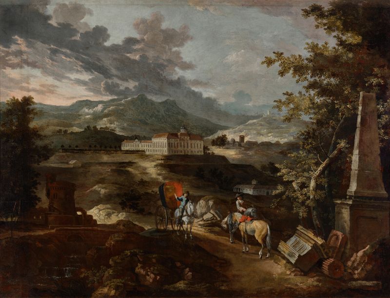 Landscape with castle, oil on canvas by Ignaz Flurer