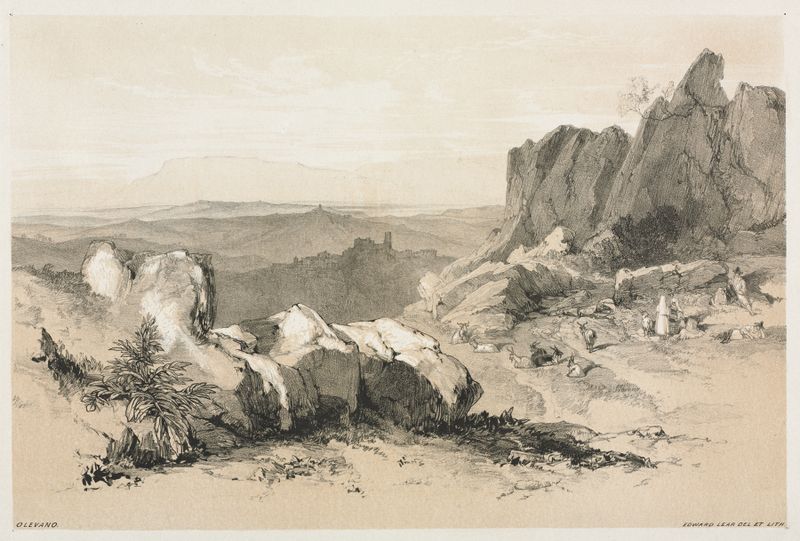 Olevano de Edward Lear, acuarela sobre papel que representa montañas y follaje bajo un cielo azul.