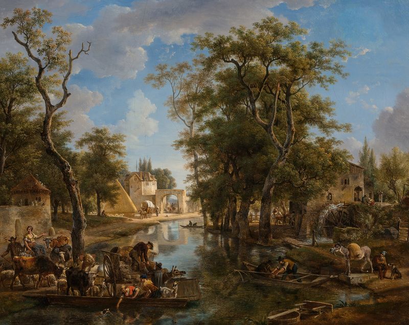 Canal scene with boats and townspeople, oil painting by Jean-Louis Demarne