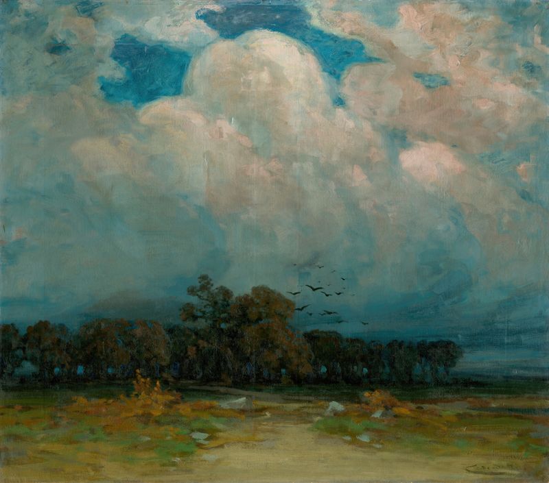 Árvore de pinho em uma paisagem, pintura a óleo de Ľudovít Čordák