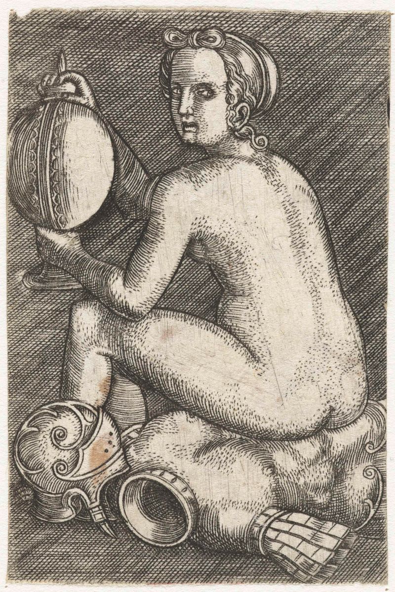 Mujer desnuda sentada sobre armadura, grabado de artista desconocido