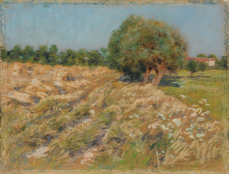 Landscape with golden fields and a farmhouse by Léon Augustin Lhermitte, oil painting