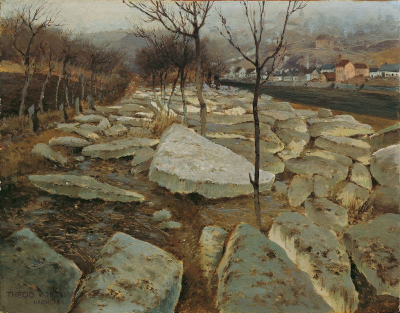 Eisschollen Am Ufer Der Thaya, óleo sobre lienzo de Theodor Von Hörmann, que representa formaciones de hielo junto a un río.