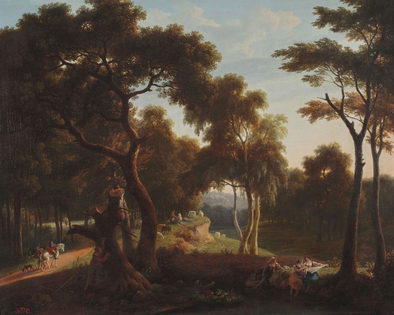 Landscape with laundresses at the waterside, oil on canvas by Pierre Jean Boquet