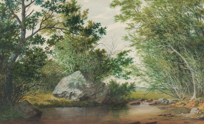 Landscape with Wooded Stream and Boulder de William Allen Wall, óleo sobre tela mostrando um riacho e uma floresta.