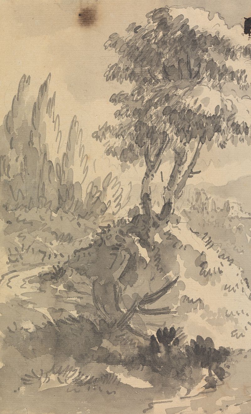 Landscape by William Gilpin, watercolor on paper, depicting rolling hills and soft clouds