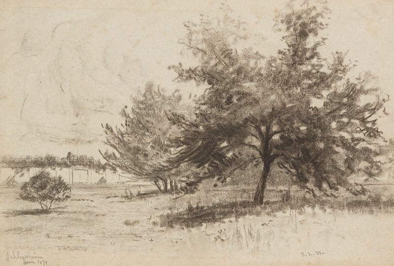 Landschaft bei Schleißheim, óleo sobre tela de Sion Longley Wenban retratando uma paisagem tranquila com nuvens.
