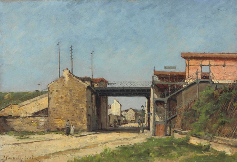 Landscape of railway station and tracks, oil on canvas by Paul Désiré Trouillebert