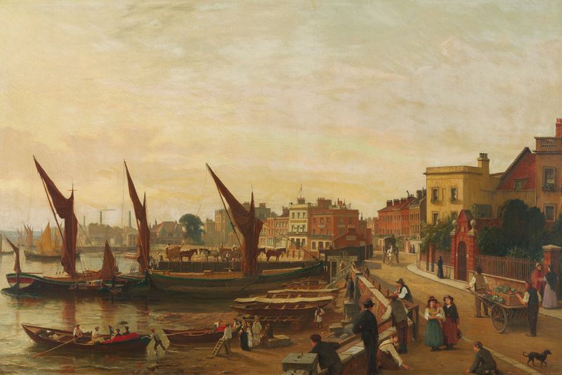 Chelsea Wharf, London de Joseph Tonneau, óleo sobre tela mostrando o Tâmisa com barcos e reflexos.