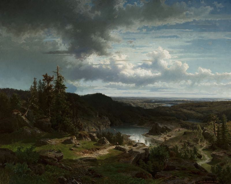 Landscape by Morten Müller, oil painting depicting a dark patch on the horizon.