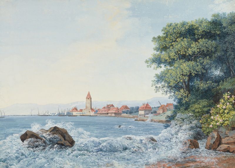 Vue d’Ouchy by Carl Ludwig Hackert, landscape with lake and sky, oil painting