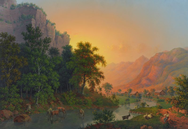 Paisaje con un río y reflejos, pintura al óleo de Johann Heinrich Bleuler the Younger