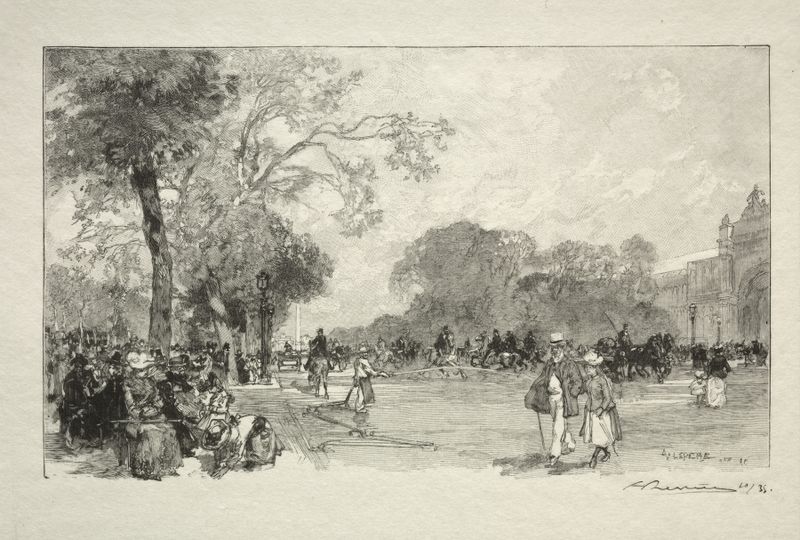 Gravura de Auguste Louis Lepère retratando uma cena movimentada na Champs-Élysées.