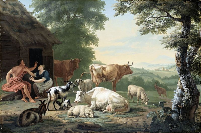 Arcadian Landscape with Shepherds and Cattle de Jan van Gool, pintura a óleo que retrata colinas e gado