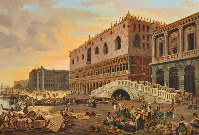 Romanticism oil painting depicting Venice, Ponte della Paglia and the Doge’s Palace by Pieter van Loon