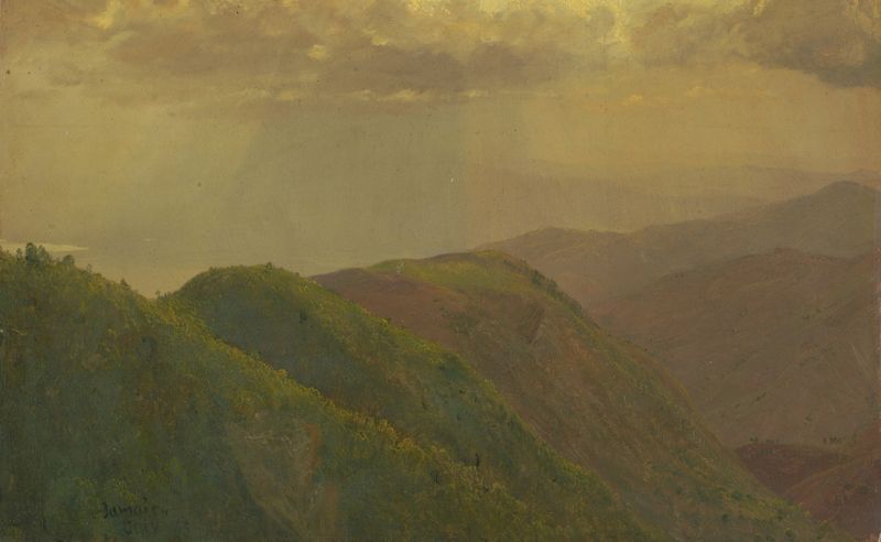Landscape in Jamaica, West Indies de Frederic Edwin Church, pintura al óleo que muestra vegetación exuberante y montañas.