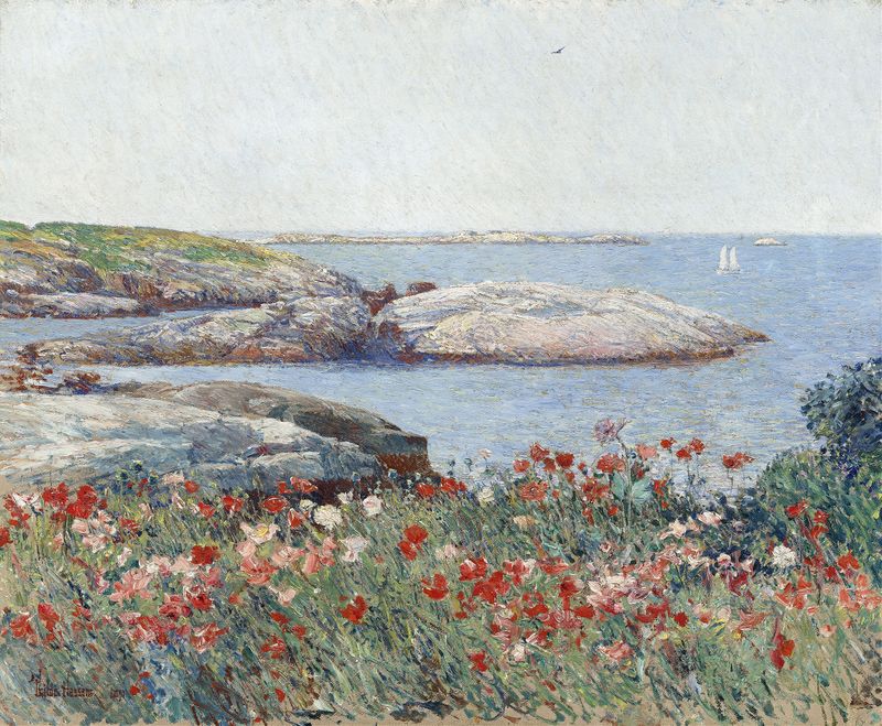 Poppies, oil on canvas by Childe Hassam, depicting vibrant red flowers in a field.