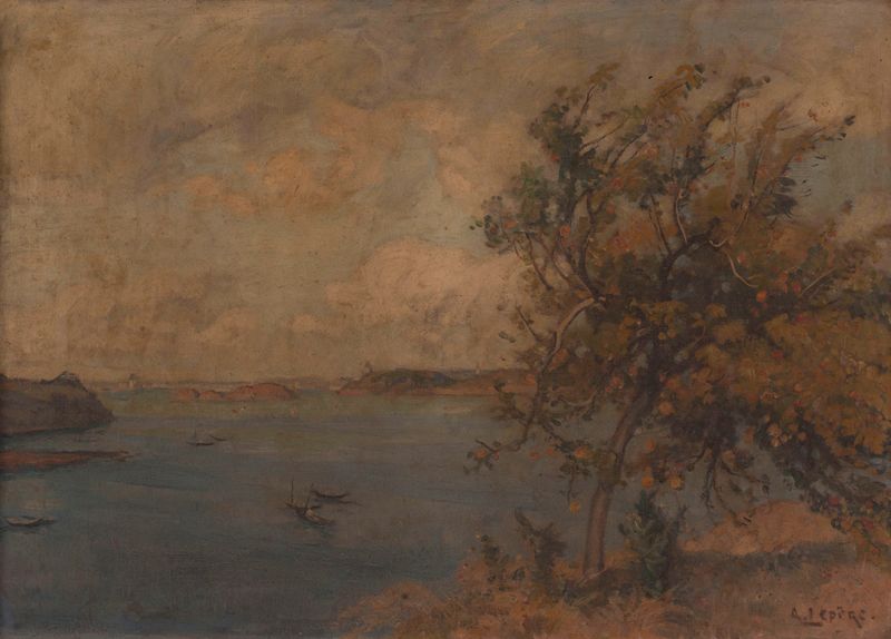 Aquarela de Auguste Louis Lepère retratando uma paisagem marinha serena com ondas e céu.